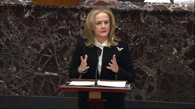 In this image from video, House impeachment manager Rep. Madeleine Dean, D-Pa., speaks during the second impeachment trial of former President Donald Trump in the Senate at the U.S. Capitol in Washington, Wednesday, Feb. 10, 2021. (Senate Television via AP)