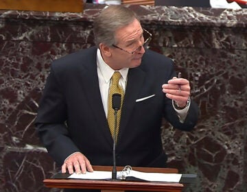 In this image from video, Michael van der Veen, an attorney for former President Donald Trump, speaks during the second impeachment trial of Trump in the Senate at the U.S. Capitol in Washington, Friday, Feb. 12, 2021. (Senate Television via AP)