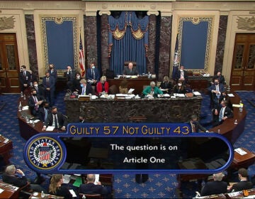 In this image from video, the final vote total of 57-43, to acquit former President Donald Trump of the impeachment charge, incitement of insurrection, in the Senate at the U.S. Capitol in Washington, Saturday, Feb. 13, 2021. (Senate Television via AP)