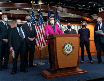 House Speaker Nancy Pelosi of Calif., center, speaks about the Congress Equality Act, Thursday, Feb. 25, 2021, with from left, Sen. Cory Booker, D-N.J., Sen. Jerry Nadler, D-N.Y., Sen. Jeff Merkley, D-Ore., Pelosi, Rep. David Cicilline, D-R.I., Sen. Tammy Baldwin, D-Wis., and Senate Majority Leader Chuck Schumer, D-N.Y., on Capitol Hill in Washington. (AP Photo/Jacquelyn Martin)