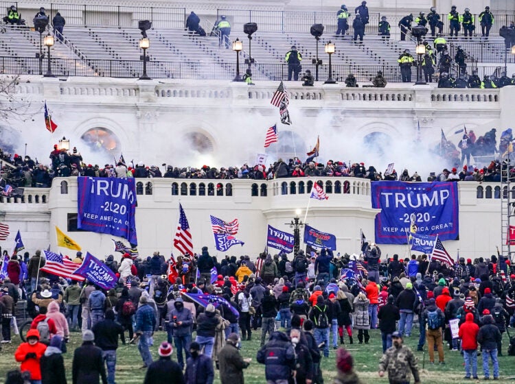 Protesters holding Trump 2020 flags and signs storm the Capitol in Washington D.C.