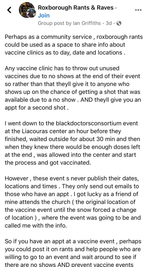 A screenshot of a neighborhood Facebook group post about strategies for getting successfully vaccinated