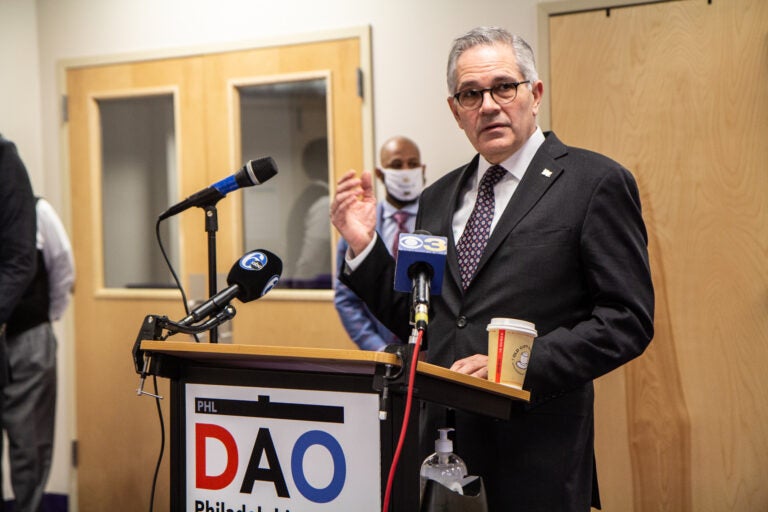 Philadelphia District Attorney Larry Krasner addresses the media