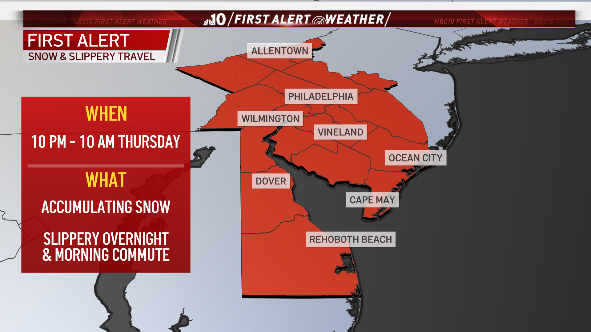 A graphic depicts a First Alert showing snow and slippery driving conditions in the Philly region