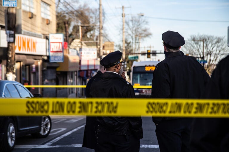 Philadelphia police at the scene of a shooting near Olney Transportation Center on Feb. 17, 2021. (Kimberly Paynter/WHYY)