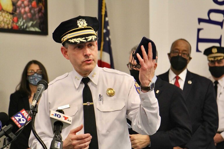 Philadelphia police Inspector Ben Naish talks about the difficulty of identifying the suspects involved in the mass shooting at Olney Transportation Center during an update for reporters at Mathematics, Civics, & Sciences Charter School of Philadelphia, 447 North Broad Street. (Emma Lee/WHYY)