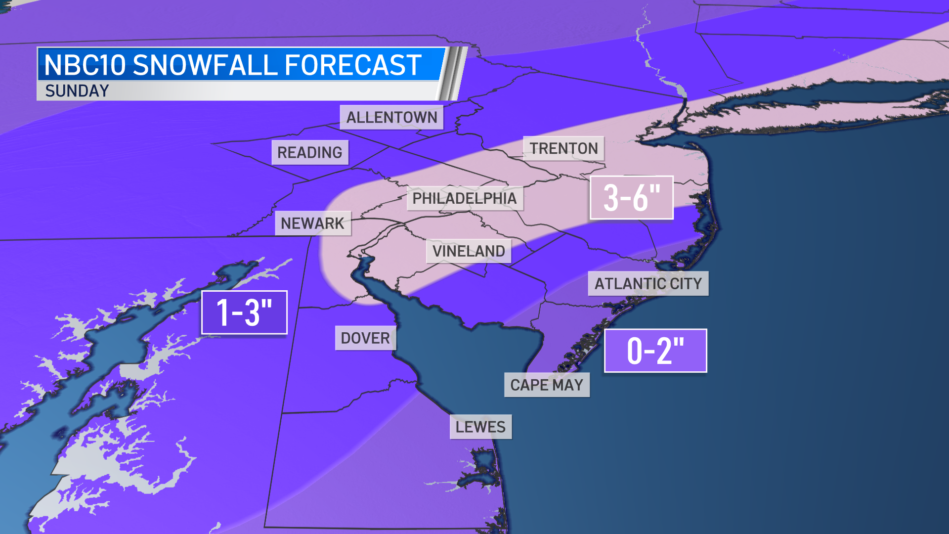 A graphic illustrates expected snow totals throughout the greater Philadelphia region. 