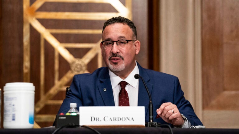 President Biden's education secretary nominee, Miguel Cardona, appeared before the Senate Health, Education, Labor and Pensions Committee on Wednesday. (Anna Moneymaker/The New York Times via AP)