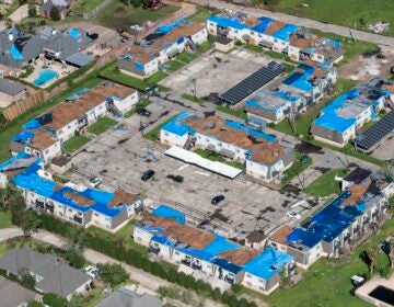 Blue tarps cover houses with damaged roofs in Lake Charles, La., after Hurricane Delta hit the city in October 2020. (Bill Feig/AP)