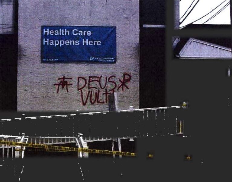 Samuel Gulick spray-painted the Newark medical facility before throwing a Molotov cocktail through the window in January 2020. (U.S. Attorney's Office)