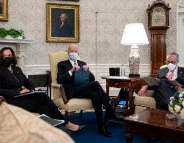 President Biden and Vice President Harris meet with Senate Majority Leader Chuck Schumer and other Democratic senators Wednesday to talk about Biden's $1.9 trillion COVID-19 relief proposal.