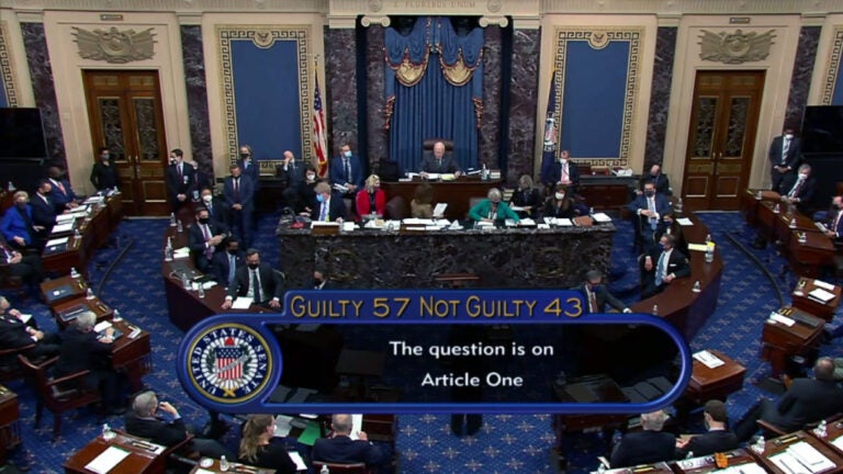 A screenshot taken from a congress.gov webcast of the Senate voting in Trump's second impeachment trial