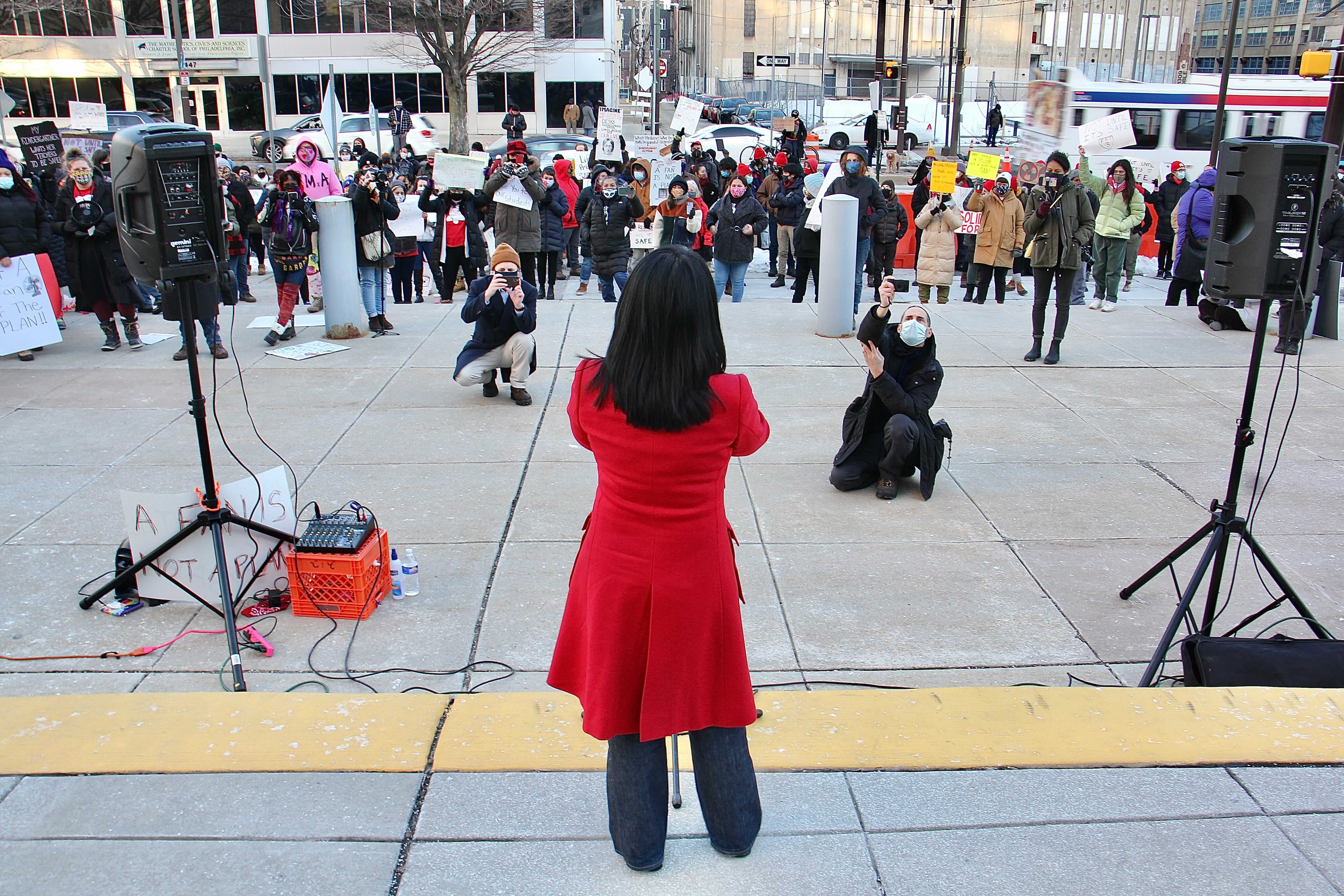 City Councilmember Helen Gym addresses parents and teachers at a rally