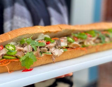 A close-up of a giant banh mi