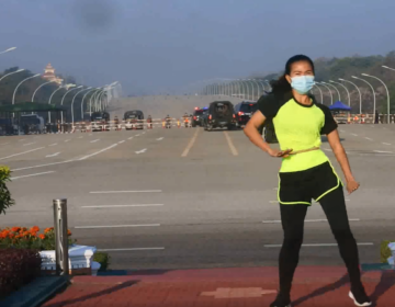 Khing Hnin Wai's video of herself dancing while seemingly unaware of Myanmar's military coup unfolding in the background has gone viral since Monday. (Khing Hnin Wai/Screenshot by NPR)