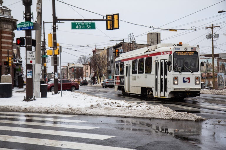 SEPTA’s 13 trolley rolls down Lancaster Avenue in Philadelphia’s Belmont neighborhood.