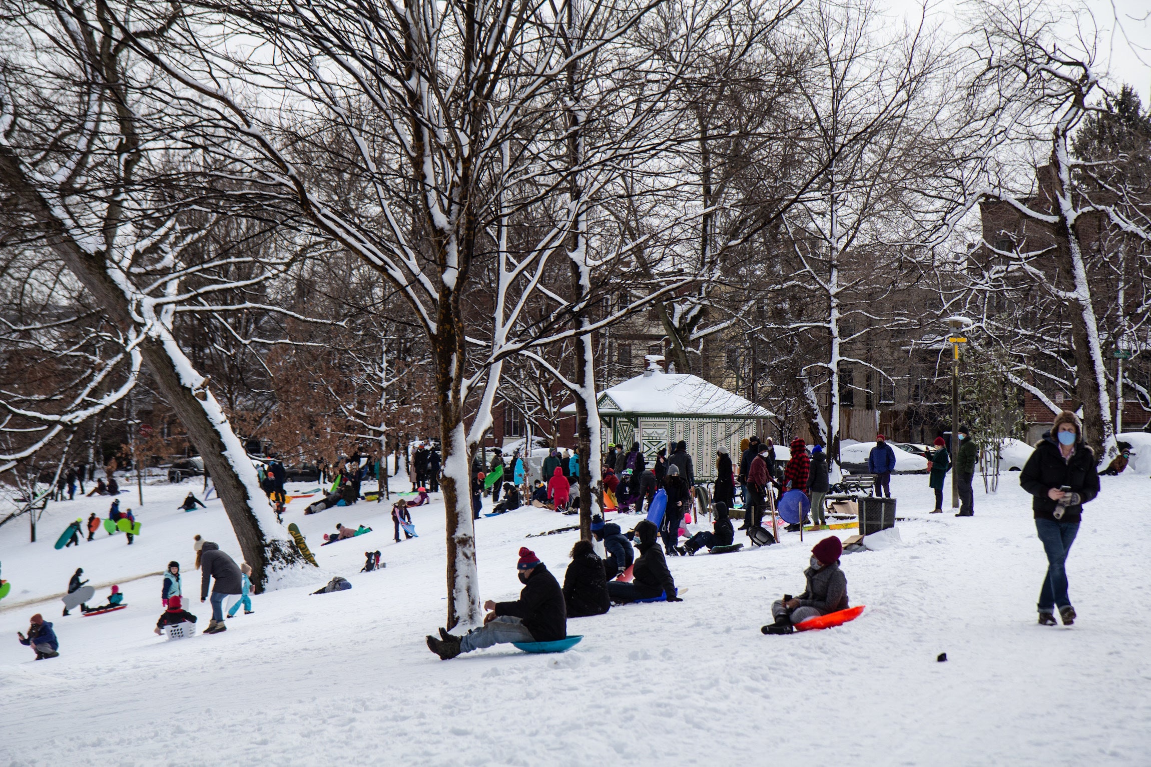 Residents play in the snow at Clark Park