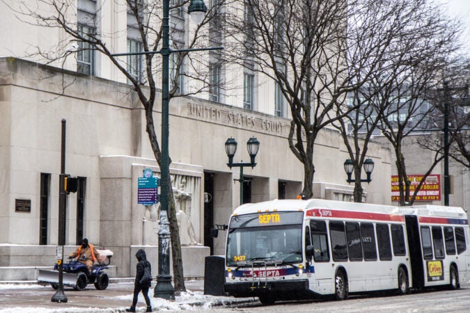 A SEPTA bus travels down the street in Center City.