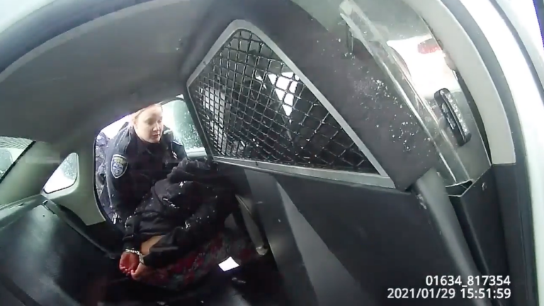 A frame from a Rochester Police bodycam video showing a girl in handcuffs in the back of a police cruiser.
(Rochester Police-YouTube/Screenshot by NPR)