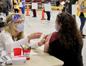 Registered nurse Pat DeHorsey vaccinates physician assistant Dana Steinter