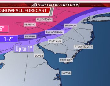 A map illustrates expected snowfall totals in the Philly region