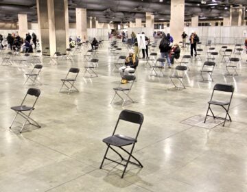 Chairs are seen inside the FEMA-run vaccination site at Pennsylvania Convention Center