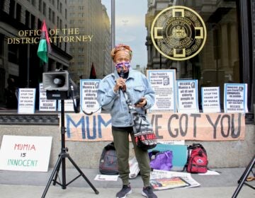 Pam Africa speaks at a protest outside the Philadelphia District Attorney's Office.
