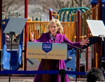 Jill Biden speaks on the playground at Samuel Smith Elementary