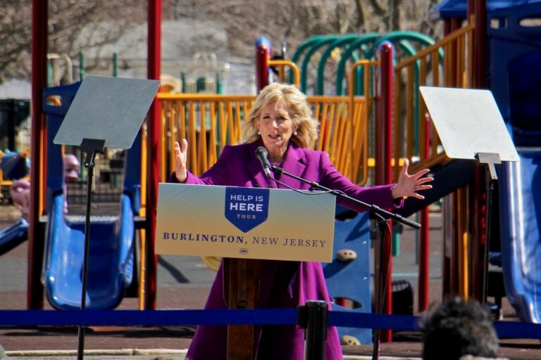 Jill Biden speaks on the playground at Samuel Smith Elementary