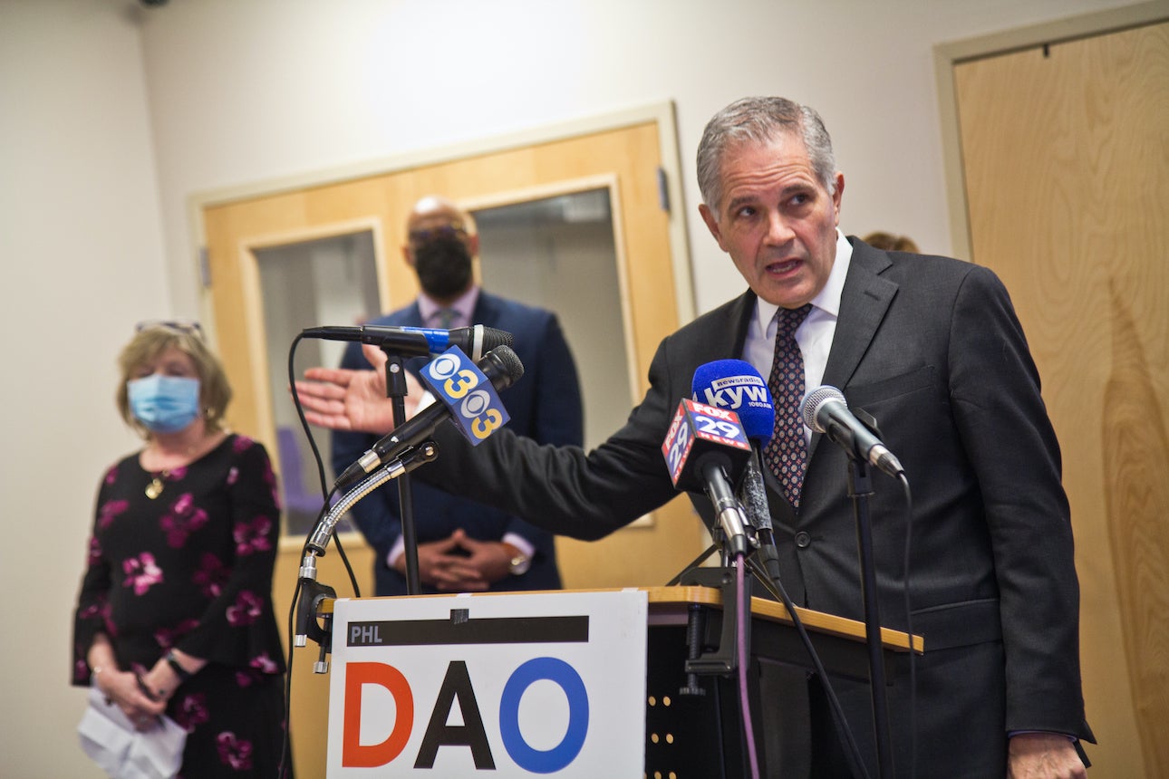 District Attorney Larry Krasner addresses the media from a DAO podium
