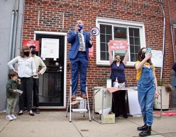 Philadelphia City Councilmember Mark Squilla gives his support to residents who came out to fight the development of 2400 East Huntingdon Street into a seven-story apartment building. (Emma Lee/WHYY)