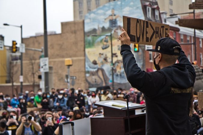 About 300 Philadelphians joined a solidarity rally against hate at 10th and Vine streets on March 25, 2021 in response to the murders of several people of Asian descent at spas near Atlanta, Georgia. (Kimberly Paynter/WHYY)