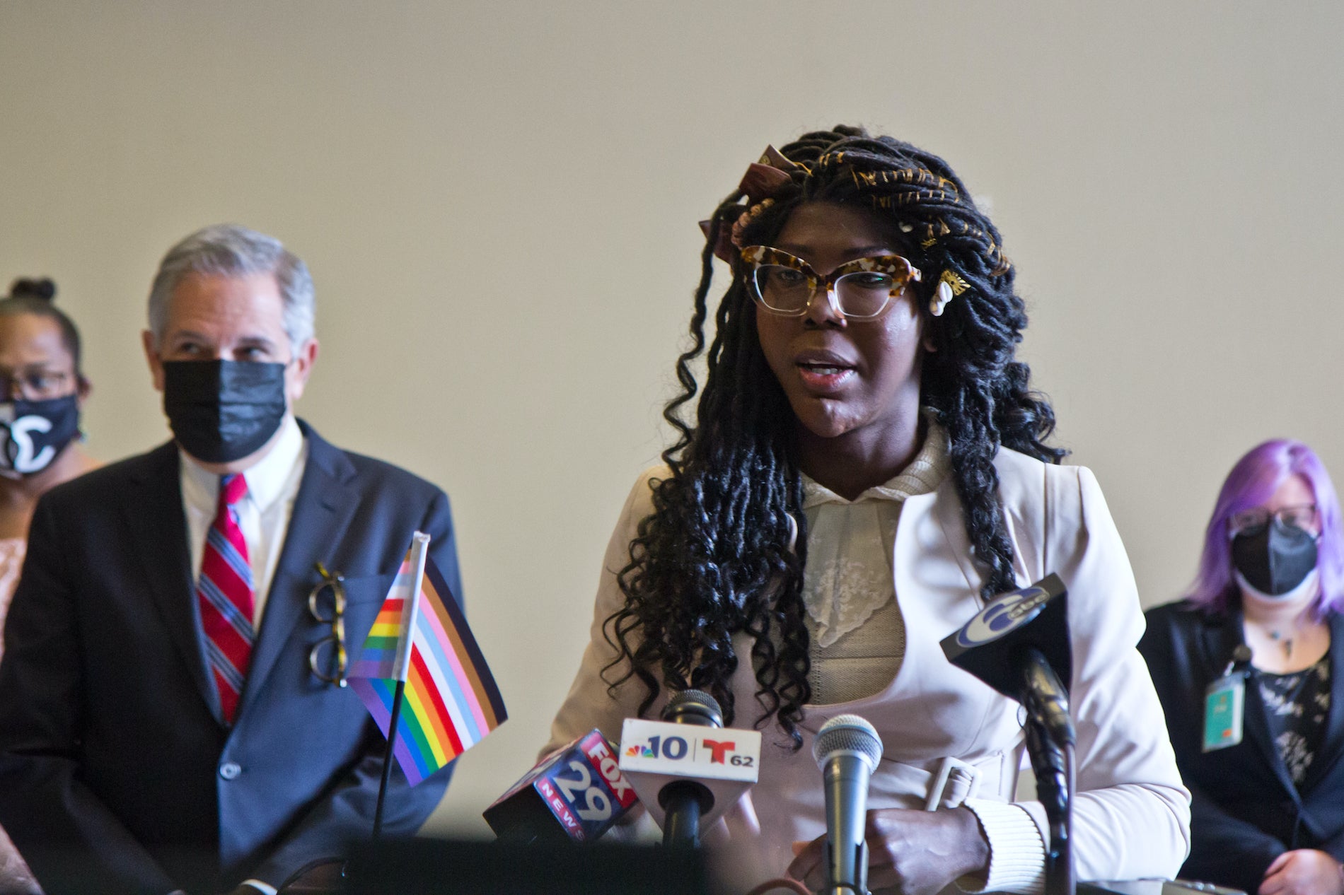 Kendall Stephens speaks at a podium