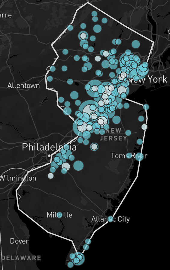 A closeup of an interactive map illustrates the number of incidents involving white supremacist propaganda that were reported to the Anti-Defamation League in 2020 in New Jersey.