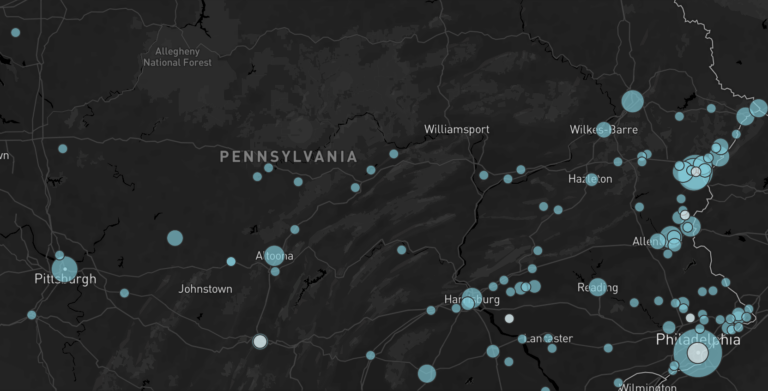 A closeup of an interactive map illustrates the number of incidents involving white supremacist propaganda that were reported to the Anti-Defamation League in 2020 in Pennsylvania.