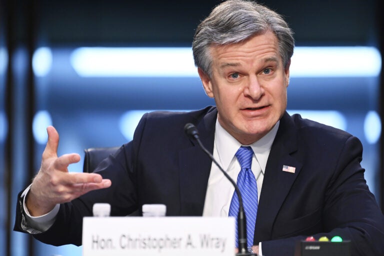 FBI Director Christopher Wray testifies before the Senate Judiciary Committee on Capitol Hill in Washington, Tuesday, March 2, 2021. (Mandel Ngan/Pool via AP)