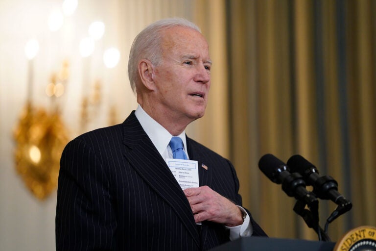 President Joe Biden speaks about efforts to combat COVID-19, in the State Dining Room of the White House, Tuesday, March 2, 2021, in Washington.