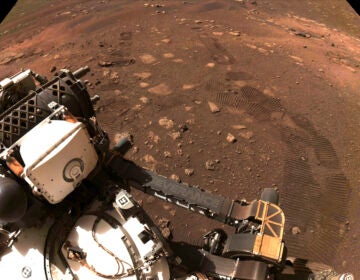 This photo made available by NASA was taken during the first drive of the Perseverance rover on Mars on Thursday, March 4, 2021. Perseverance landed on Feb. 18, 2021. (NASA/JPL-Caltech via AP)