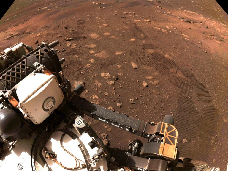 This photo made available by NASA was taken during the first drive of the Perseverance rover on Mars on Thursday, March 4, 2021. Perseverance landed on Feb. 18, 2021. (NASA/JPL-Caltech via AP)