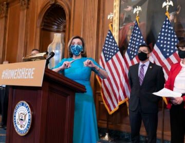 Speaker of the House Nancy Pelosi, D-Calif., joined at right by Rep. Raul Ruiz, D-Calif., chairman of the House Hispanic Caucus, and Rep. Lucille Roybal-Allard, D-Calif.,
discusses the upcoming vote on the American Dream and Promise Act of 2021, a bill to help reform the immigration system, at the Capitol in Washington, Thursday, March 18, 2021. (AP Photo/J. Scott Applewhite)