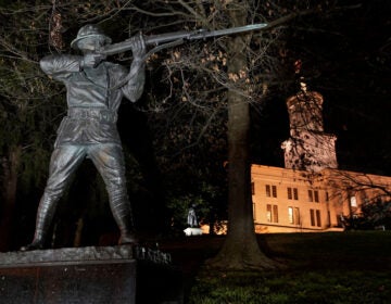 The statue of World War I hero Sgt. Alvin C. York stands on the grounds of the Tennessee State Capitol Tuesday, March 16, 2021, in Nashville, Tenn. The claim in Pennsylvania state Sen. Doug Mastriano's 2014 book about York, that a 1918 U.S. Army's signal corps photo was mislabeled and actually shows York with three German officers he captured, has been disputed by rival researchers. (AP Photo/Mark Humphrey)