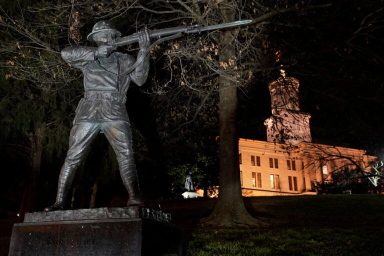 The statue of World War I hero Sgt. Alvin C. York stands on the grounds of the Tennessee State Capitol Tuesday, March 16, 2021, in Nashville, Tenn. The claim in Pennsylvania state Sen. Doug Mastriano's 2014 book about York, that a 1918 U.S. Army's signal corps photo was mislabeled and actually shows York with three German officers he captured, has been disputed by rival researchers. (AP Photo/Mark Humphrey)