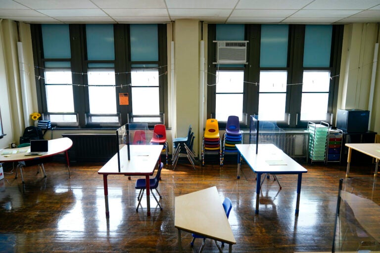 Desks are spaced apart ahead of planned in-person learning at Nebinger Elementary School