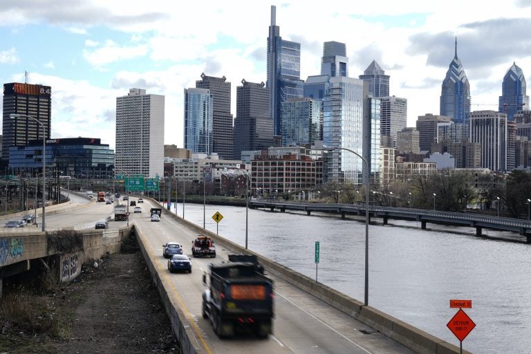 Morning traffic moves along Interstate 76 in Philadelphia, Monday, March 29, 2021.