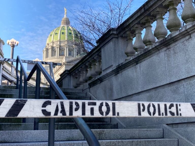 Barricades block stairs at the Pennsylvania Capitol on Jan. 12, 2021. (Sam Dunklau / WITF)