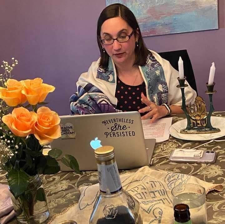 Rabbi Leah Berkowitz, of Congregation Kol Ami in Elkins Park, hosts an online Shabbat service early in the pandemic in 2020. (Courtesy of Leah Berkowitz)