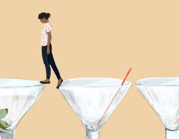 An illustration of a woman standing on martini glasses.