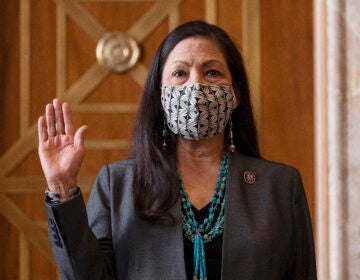 Rep. Deb Haaland, D-N.M., is sworn in before her Senate confirmation hearing to be Interior Secretary last month. Her confirmation makes her the country's first Native American cabinet secretary. (Jim Watson/AP)