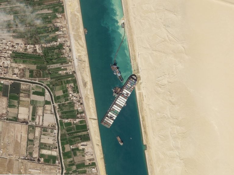 A satellite image shows the cargo ship MV Ever Given stuck in the Suez Canal