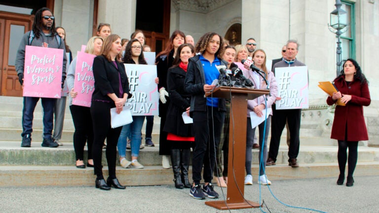 Danbury High School sophomore Alanna Smith at the Connecticut State Capitol on Feb, 12, 2020. Smith is among three girls who sued to block a state policy that allows transgender athletes to compete in girls sports. (Pat Eaton-Robb/AP)